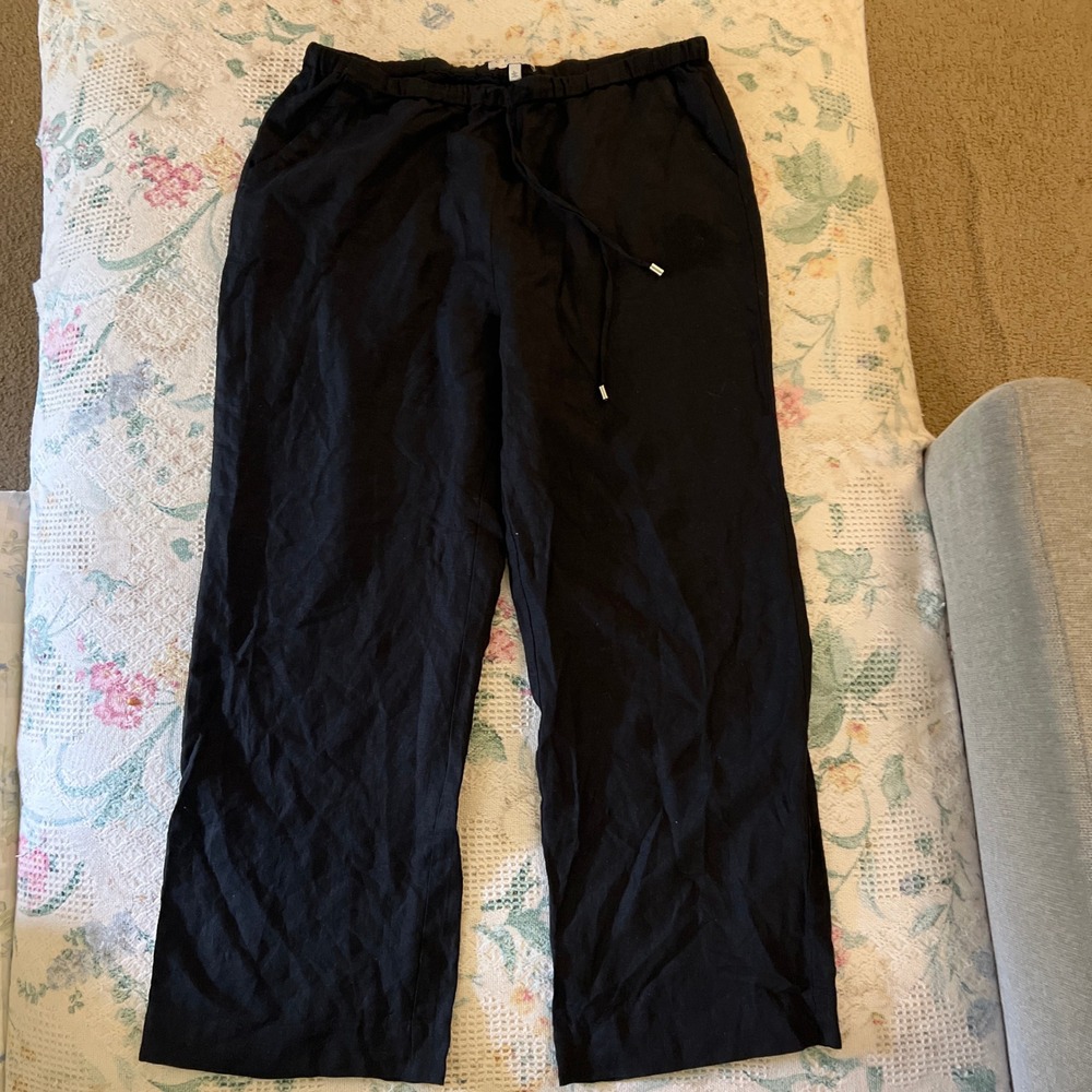 Chaus New York Womens Black 100% Linen Wide Leg Drawstring Pants Size Large